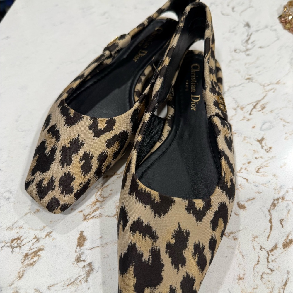 Dior Leopard Print Slingback Flats in Beige and Dark Brown